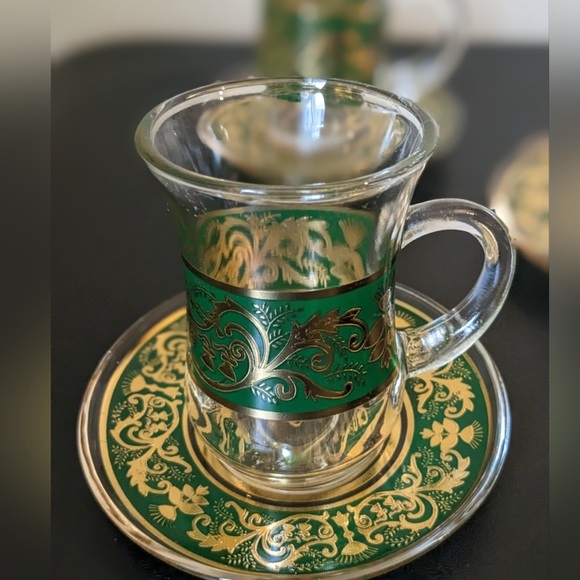 Alpine Cuisine Tea Glass Set With Saucer Gold/Green Design 12 Pc - Picture 13 of 16